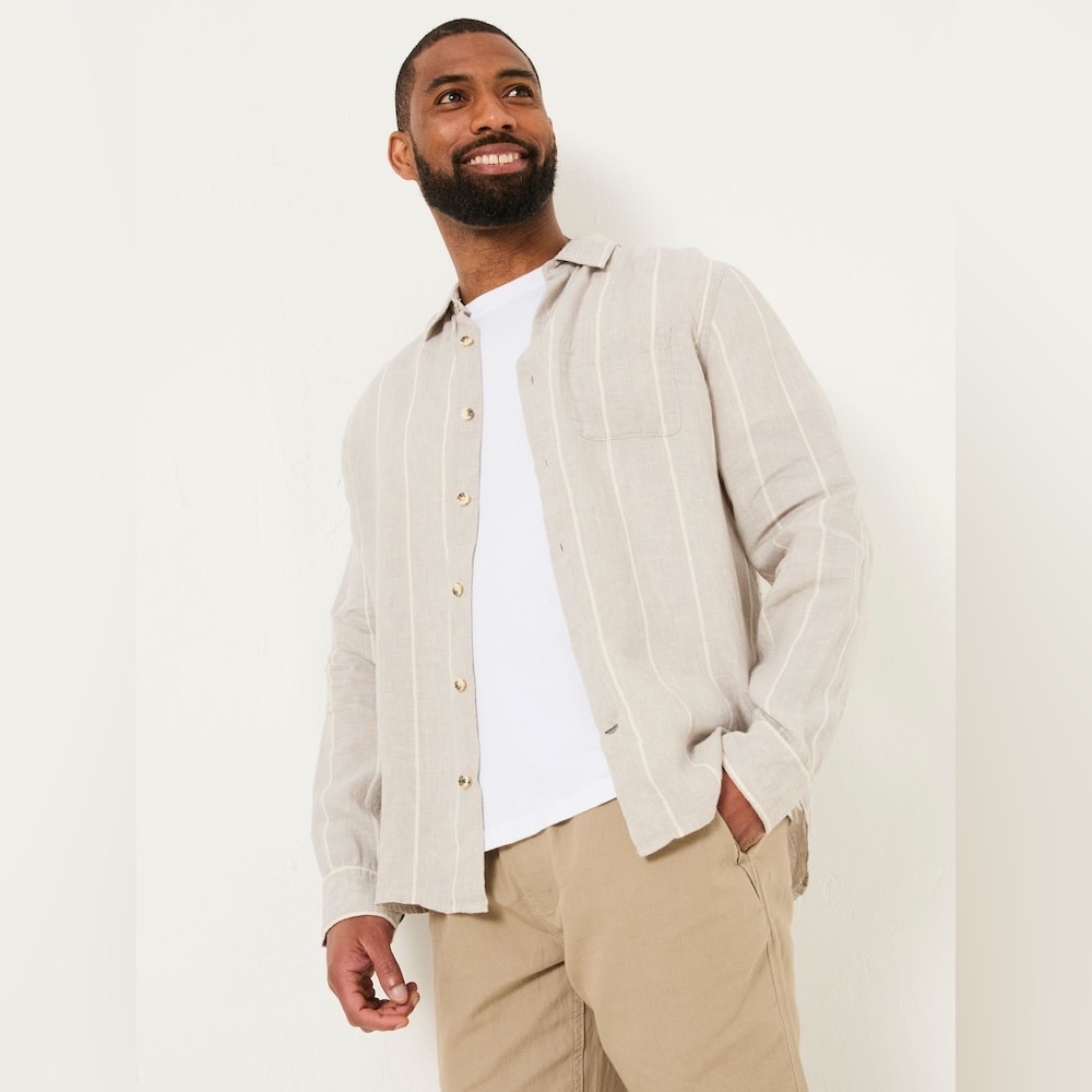 Beige Bugatchi Linen-Blend Striped Button-Up Shirt Classic Fit Sz L